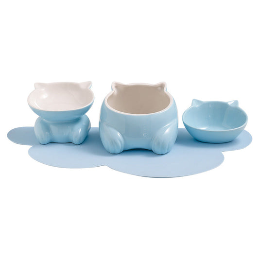 KFX-8935357 Ceramic Cat Bowl Set in Sky Blue, Pink, Yellow, and Light Green – Perfect for Food, Water, and Snacks