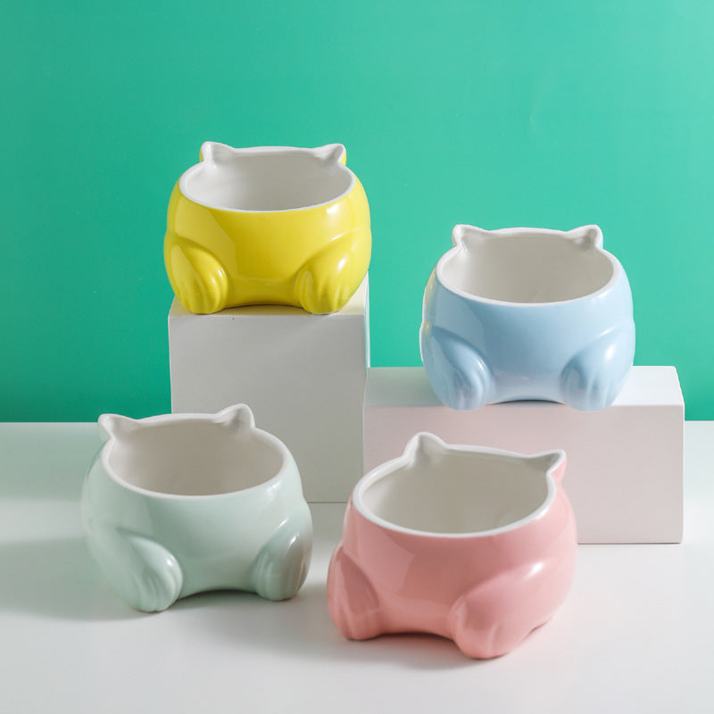 KFX-8935357 Ceramic Cat Bowl Set in Sky Blue, Pink, Yellow, and Light Green – Perfect for Food, Water, and Snacks