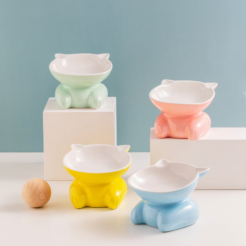 KFX-8935357 Ceramic Cat Bowl Set in Sky Blue, Pink, Yellow, and Light Green – Perfect for Food, Water, and Snacks