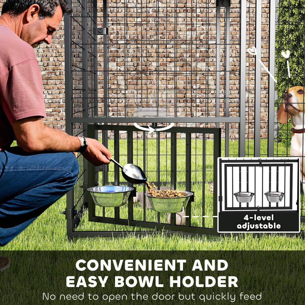 KFX-8944573 Spacious Welded Wire Outdoor Dog Kennel with Rotating Bowl Holder and Waterproof Cover - 4.6 X 4.6 X 5 ft
