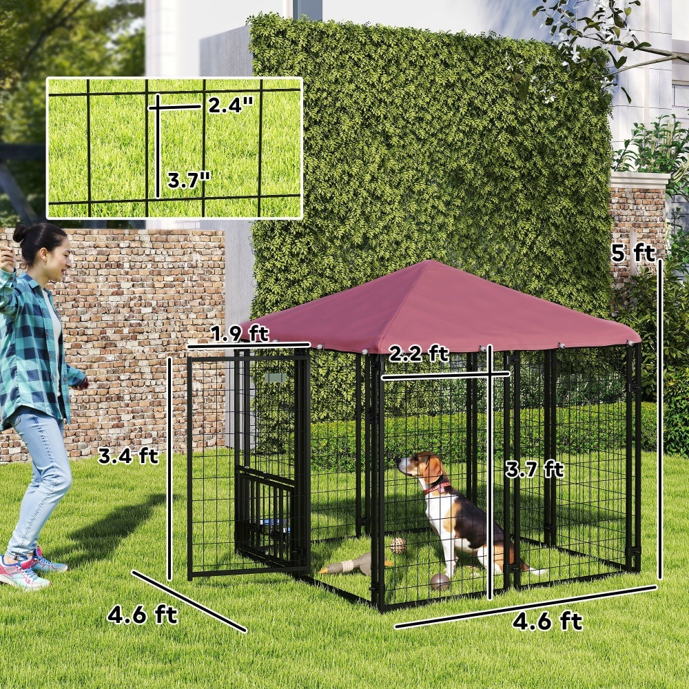 KFX-8944573 Spacious Welded Wire Outdoor Dog Kennel with Rotating Bowl Holder and Waterproof Cover - 4.6 X 4.6 X 5 ft