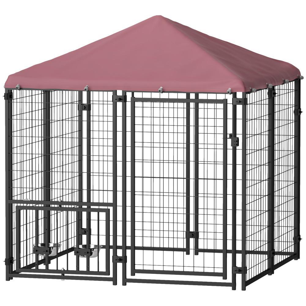 KFX-8944573 Spacious Welded Wire Outdoor Dog Kennel with Rotating Bowl Holder and Waterproof Cover - 4.6 X 4.6 X 5 ft