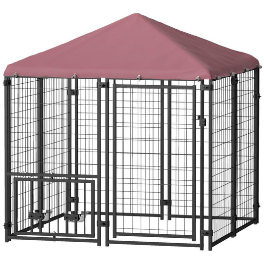 KFX-8944573 Spacious Welded Wire Outdoor Dog Kennel with Rotating Bowl Holder and Waterproof Cover - 4.6 X 4.6 X 5 ft