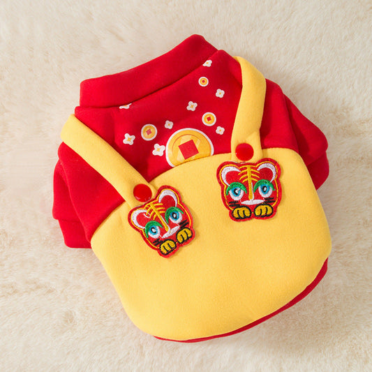 KFX-8951741 Cute Red Fleece Cat Sweater with Tiger Patch for Chinese New Year, Multiple Sizes Available
