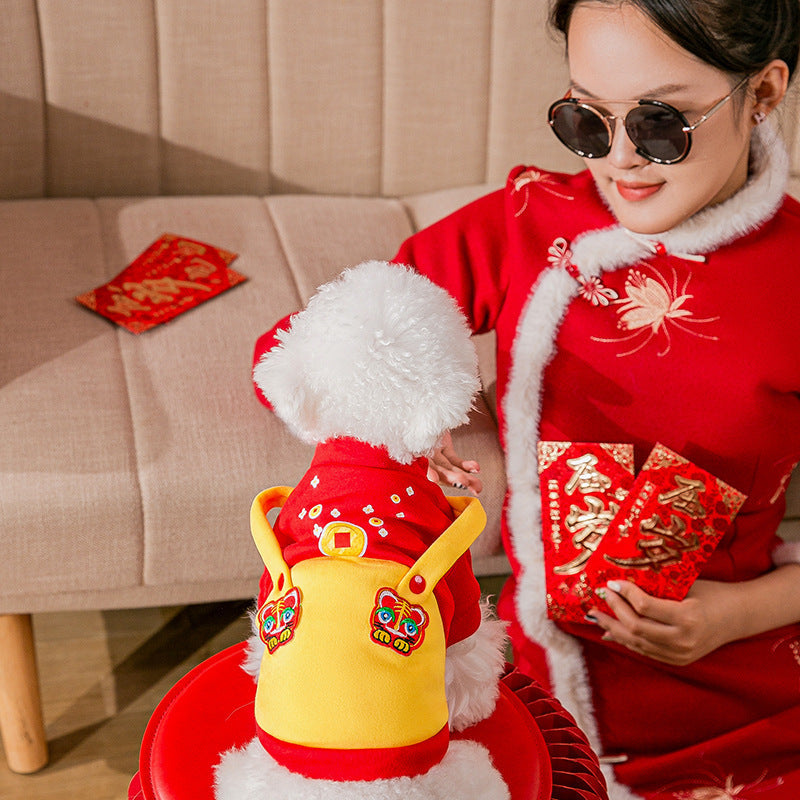 KFX-8951741 Cute Red Fleece Cat Sweater with Tiger Patch for Chinese New Year, Multiple Sizes Available