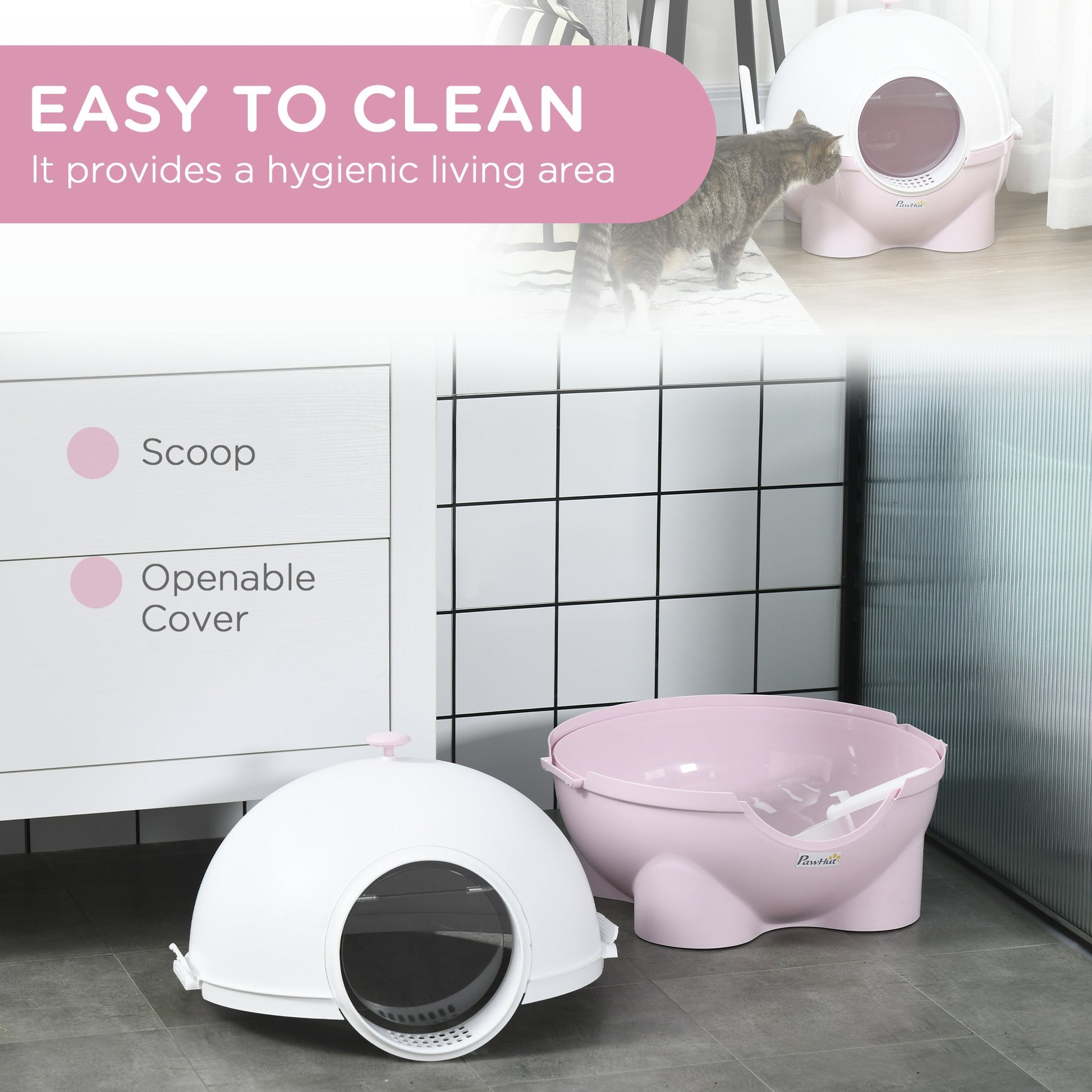 KFX-8957885 Large Hooded Cat Litter Box with Lid and Scoop - Light Pink, Enclosed Design for Privacy and Odor Control
