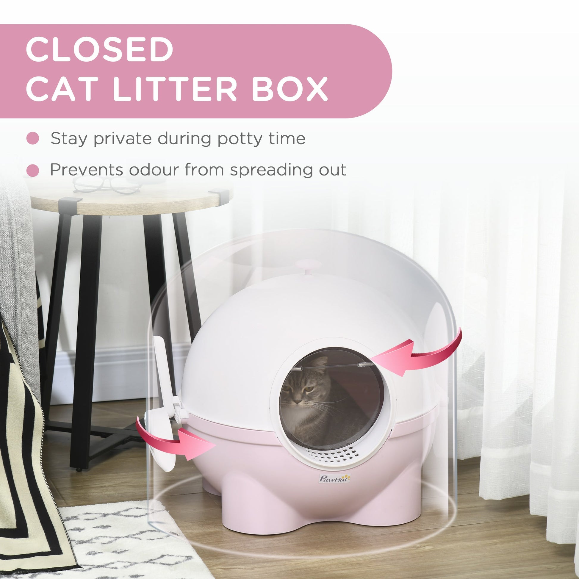 KFX-8957885 Large Hooded Cat Litter Box with Lid and Scoop - Light Pink, Enclosed Design for Privacy and Odor Control