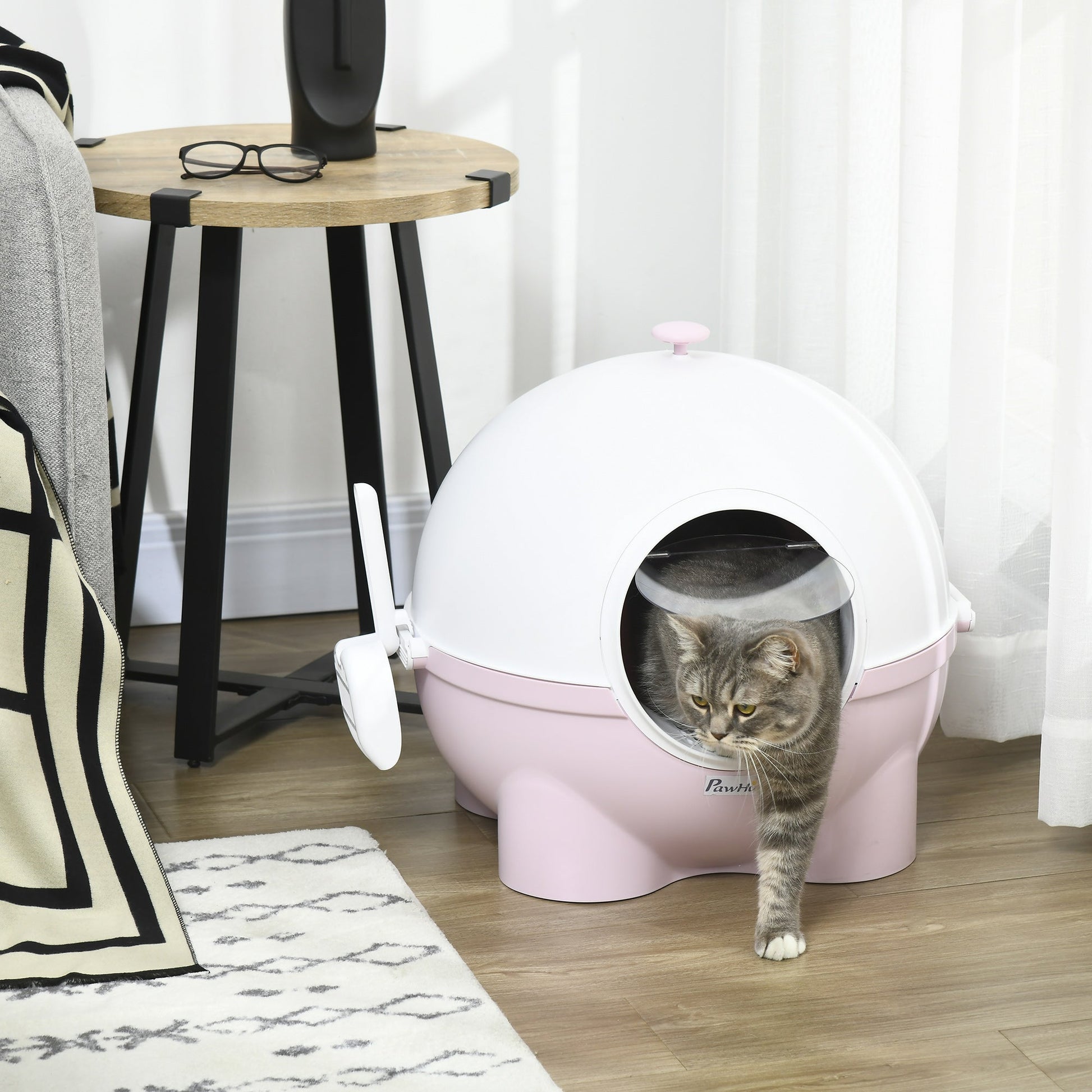 KFX-8957885 Large Hooded Cat Litter Box with Lid and Scoop - Light Pink, Enclosed Design for Privacy and Odor Control