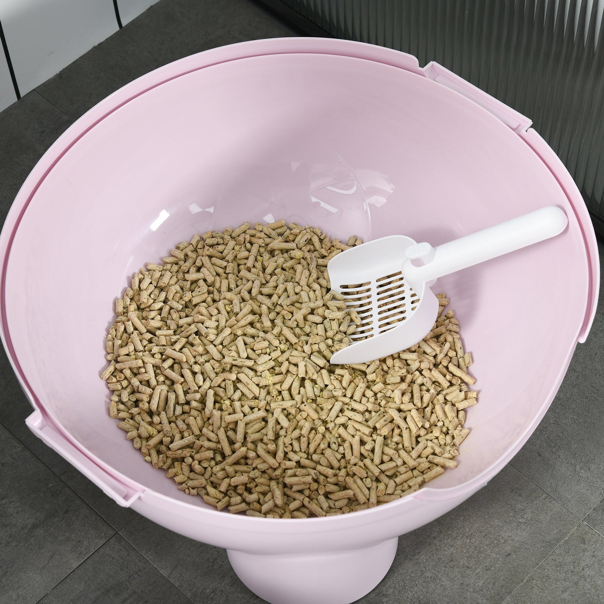 KFX-8957885 Large Hooded Cat Litter Box with Lid and Scoop - Light Pink, Enclosed Design for Privacy and Odor Control