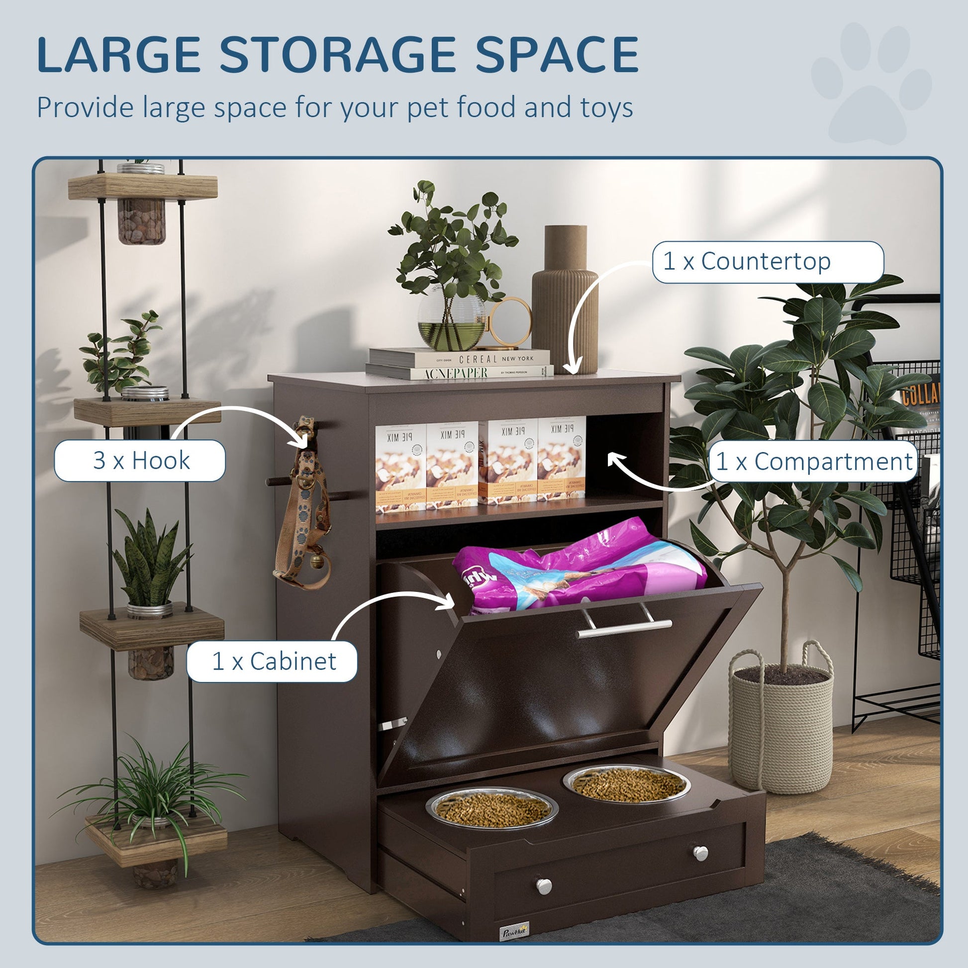 KFX-8958397 Pet Feeder Storage Cabinet with Removable Bowls and Leash Hooks, Gray MDF Construction