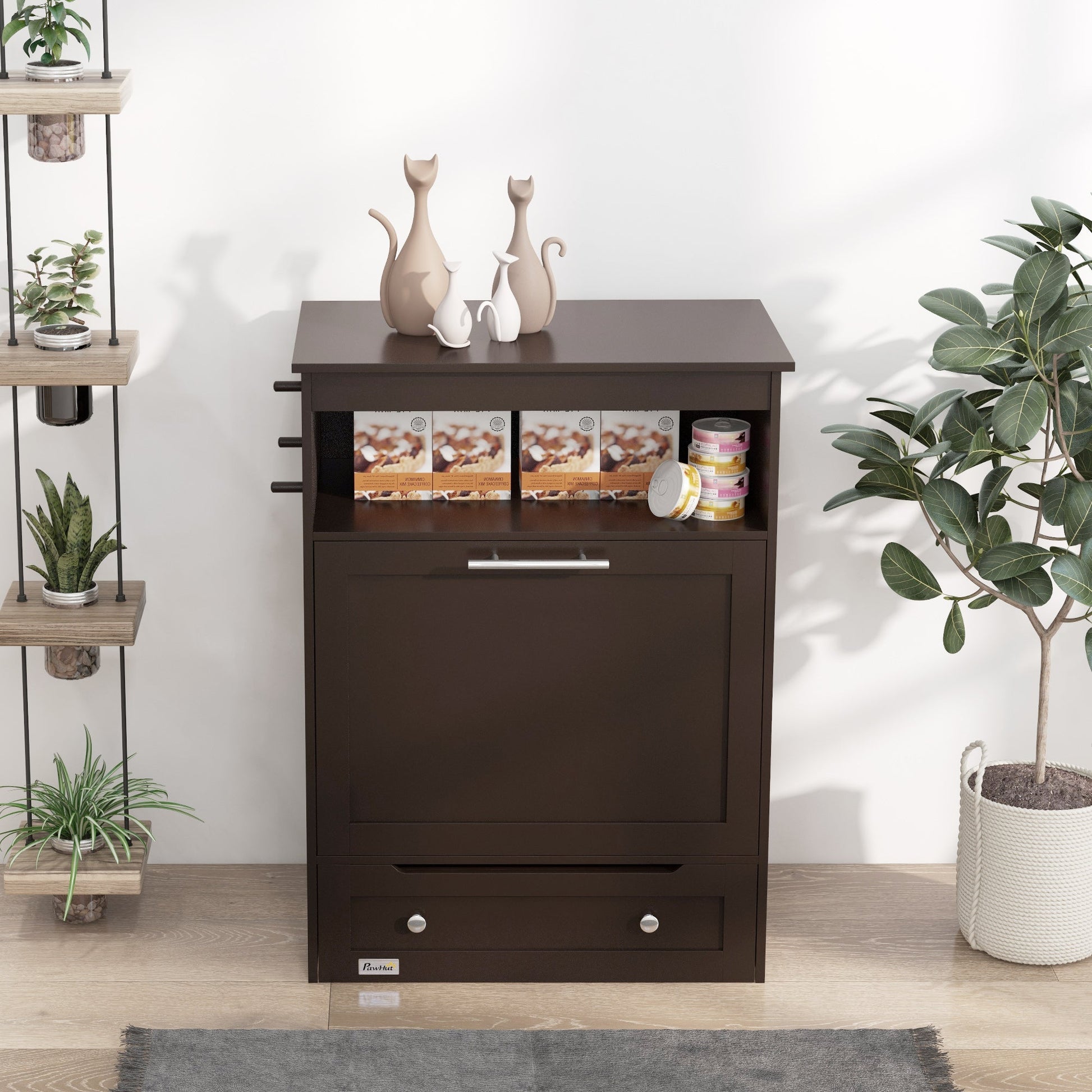 KFX-8958397 Pet Feeder Storage Cabinet with Removable Bowls and Leash Hooks, Gray MDF Construction