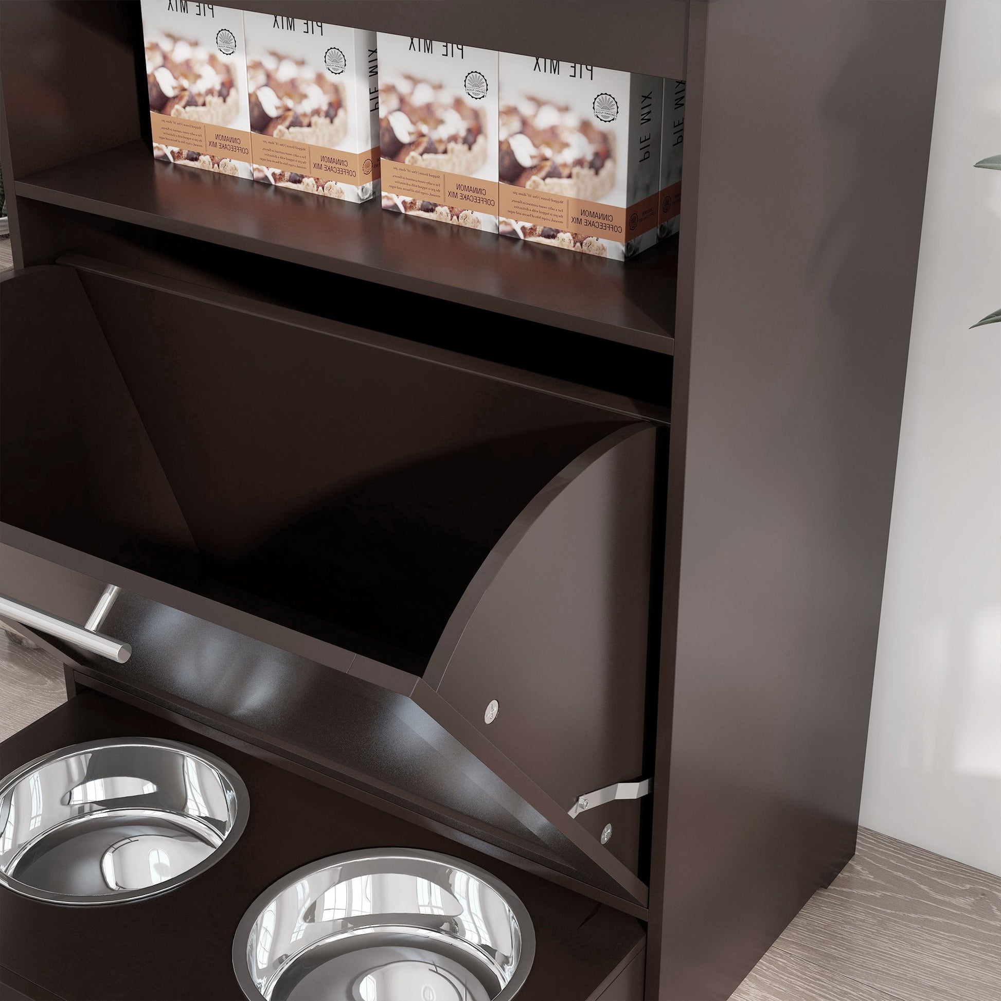 KFX-8958397 Pet Feeder Storage Cabinet with Removable Bowls and Leash Hooks, Gray MDF Construction