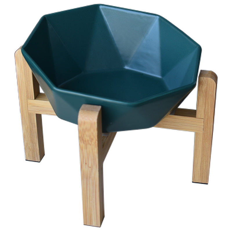KFX-8968125 Ceramic High-Footed Cat Food Bowl with Bamboo Wood Base, 250g Capacity