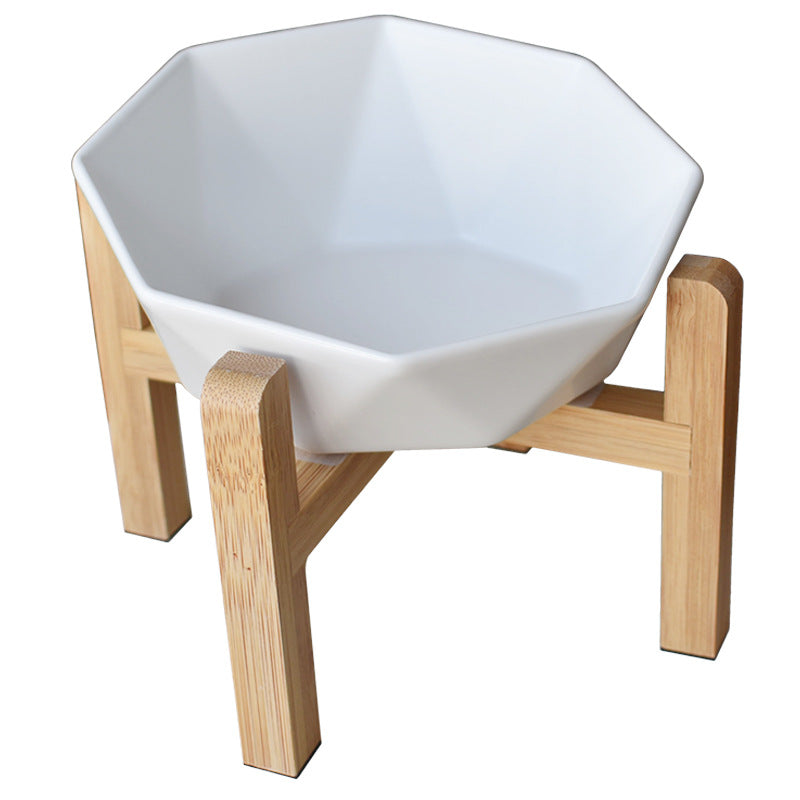 KFX-8968125 Ceramic High-Footed Cat Food Bowl with Bamboo Wood Base, 250g Capacity