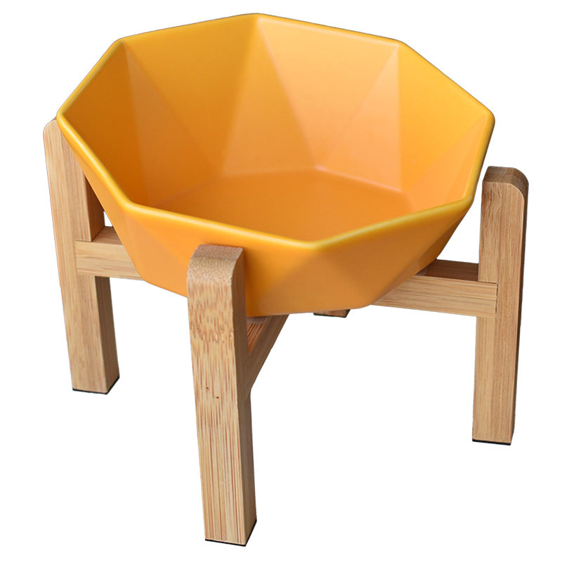 KFX-8968125 Ceramic High-Footed Cat Food Bowl with Bamboo Wood Base, 250g Capacity