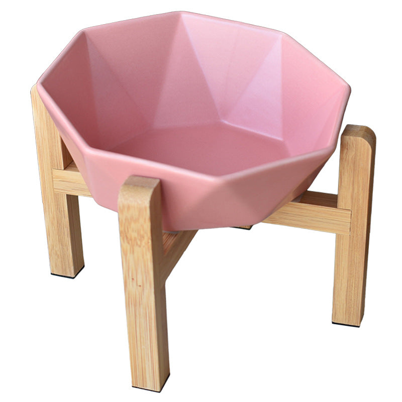 KFX-8968125 Ceramic High-Footed Cat Food Bowl with Bamboo Wood Base, 250g Capacity