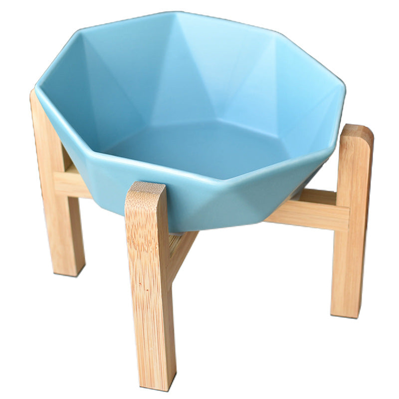 KFX-8968125 Ceramic High-Footed Cat Food Bowl with Bamboo Wood Base, 250g Capacity
