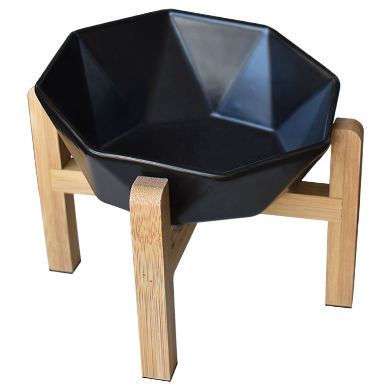 KFX-8968125 Ceramic High-Footed Cat Food Bowl with Bamboo Wood Base, 250g Capacity