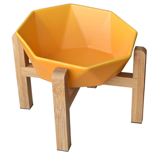 KFX-8968125 Ceramic High-Footed Cat Food Bowl with Bamboo Wood Base, 250g Capacity