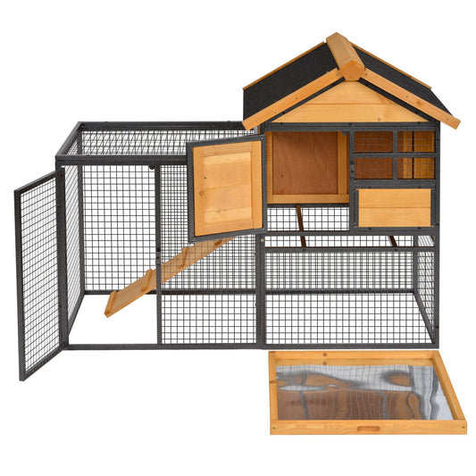 KFX-8971581 2-Level Outdoor Rabbit Hutch with Weatherproof Roof, Removable Tray, and Ramp