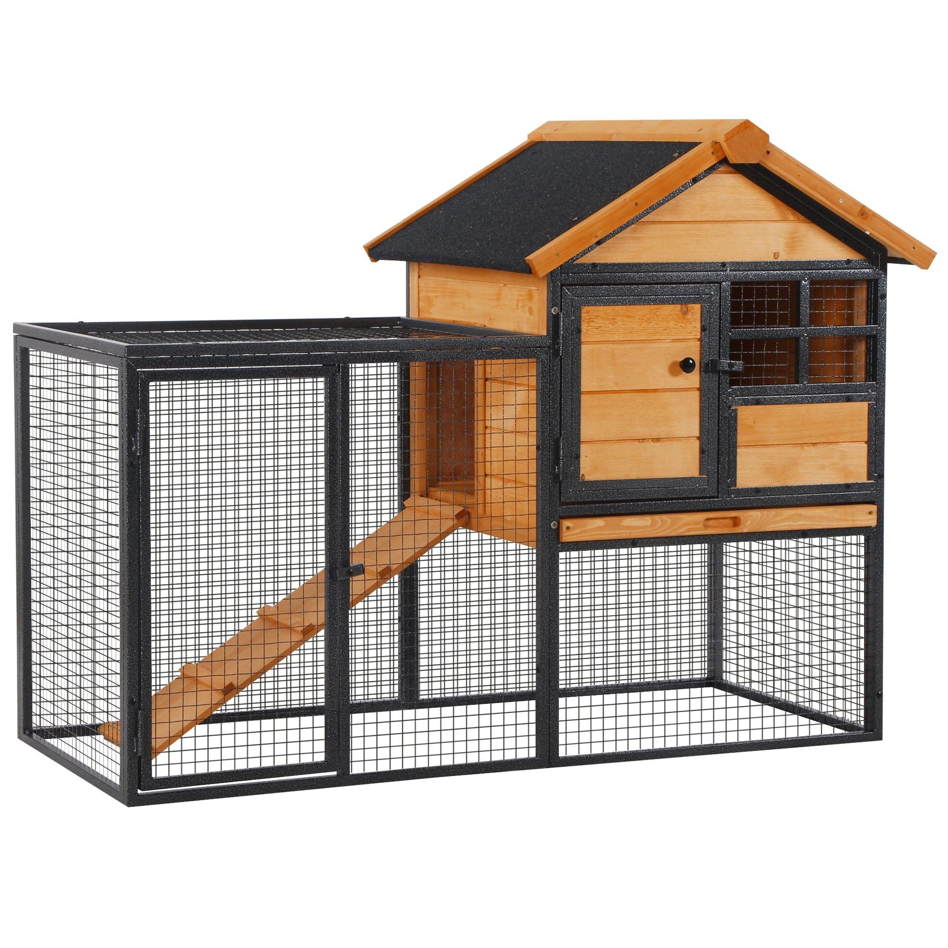 KFX-8971581 2-Level Outdoor Rabbit Hutch with Weatherproof Roof, Removable Tray, and Ramp