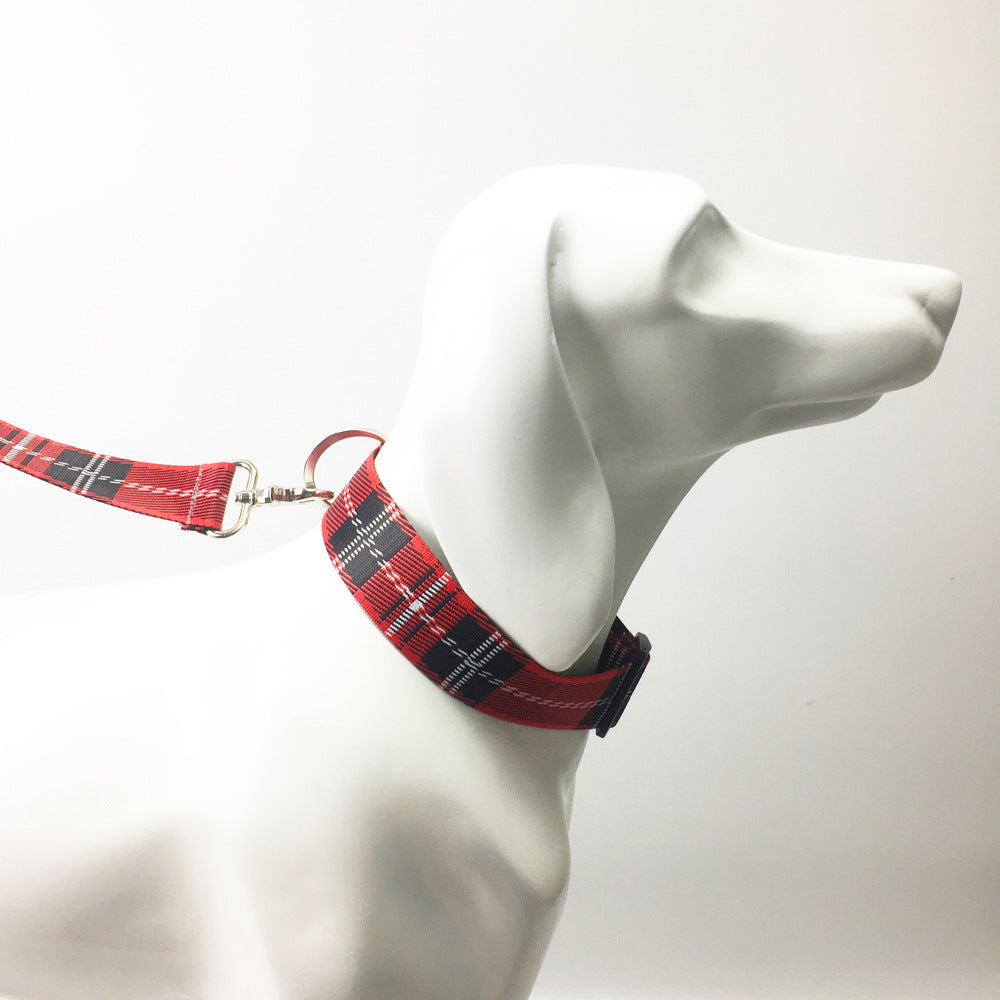 KFX-8973501 Casual Check Pattern Dog Collar and Leash Set in Red, Yellow, and Silver Lattice Designs
