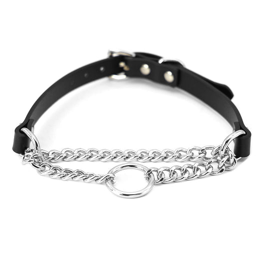 KFX-8975677 Black Leather Collar and Leash Set for Punk Fashion and Sub-Cultures