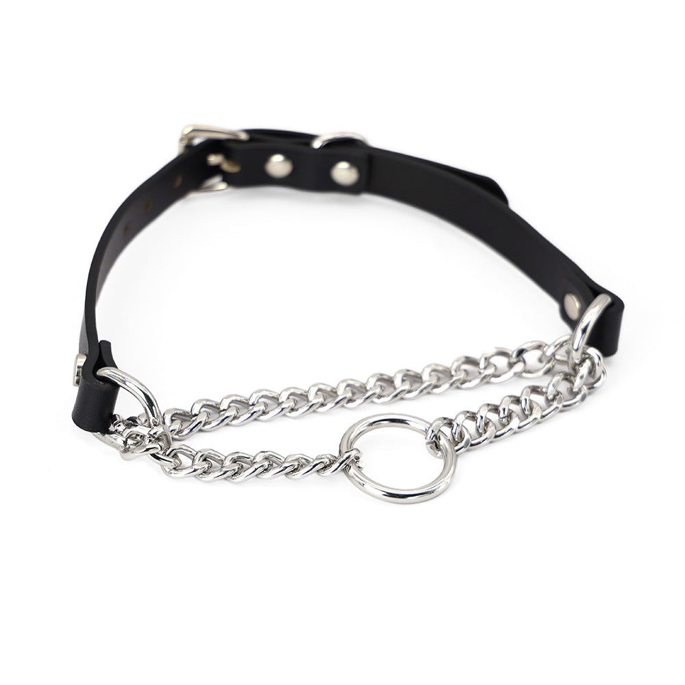 KFX-8975677 Black Leather Collar and Leash Set for Punk Fashion and Sub-Cultures