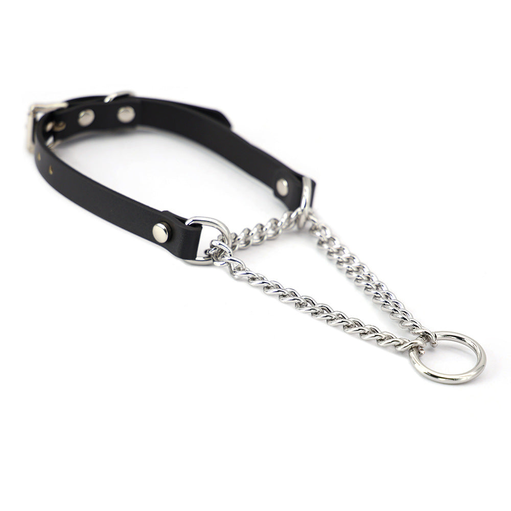 KFX-8975677 Black Leather Collar and Leash Set for Punk Fashion and Sub-Cultures