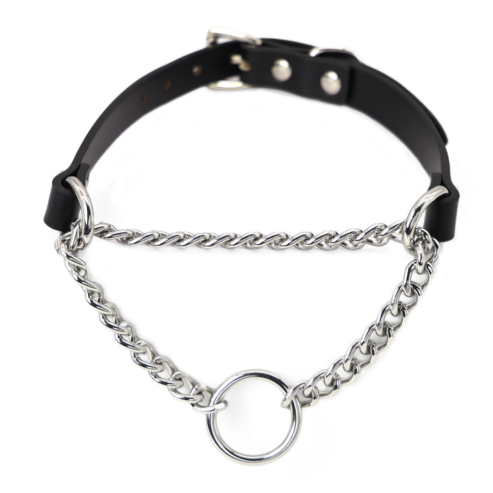 KFX-8975677 Black Leather Collar and Leash Set for Punk Fashion and Sub-Cultures