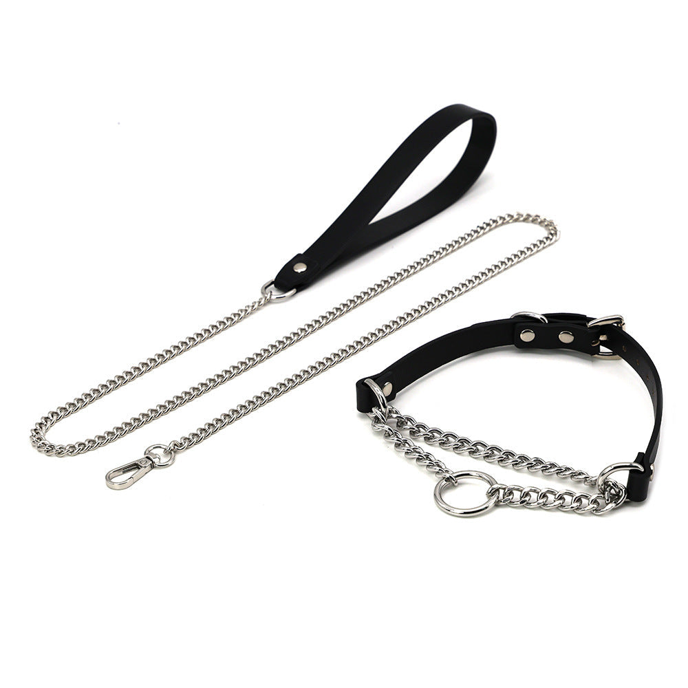 KFX-8975677 Black Leather Collar and Leash Set for Punk Fashion and Sub-Cultures