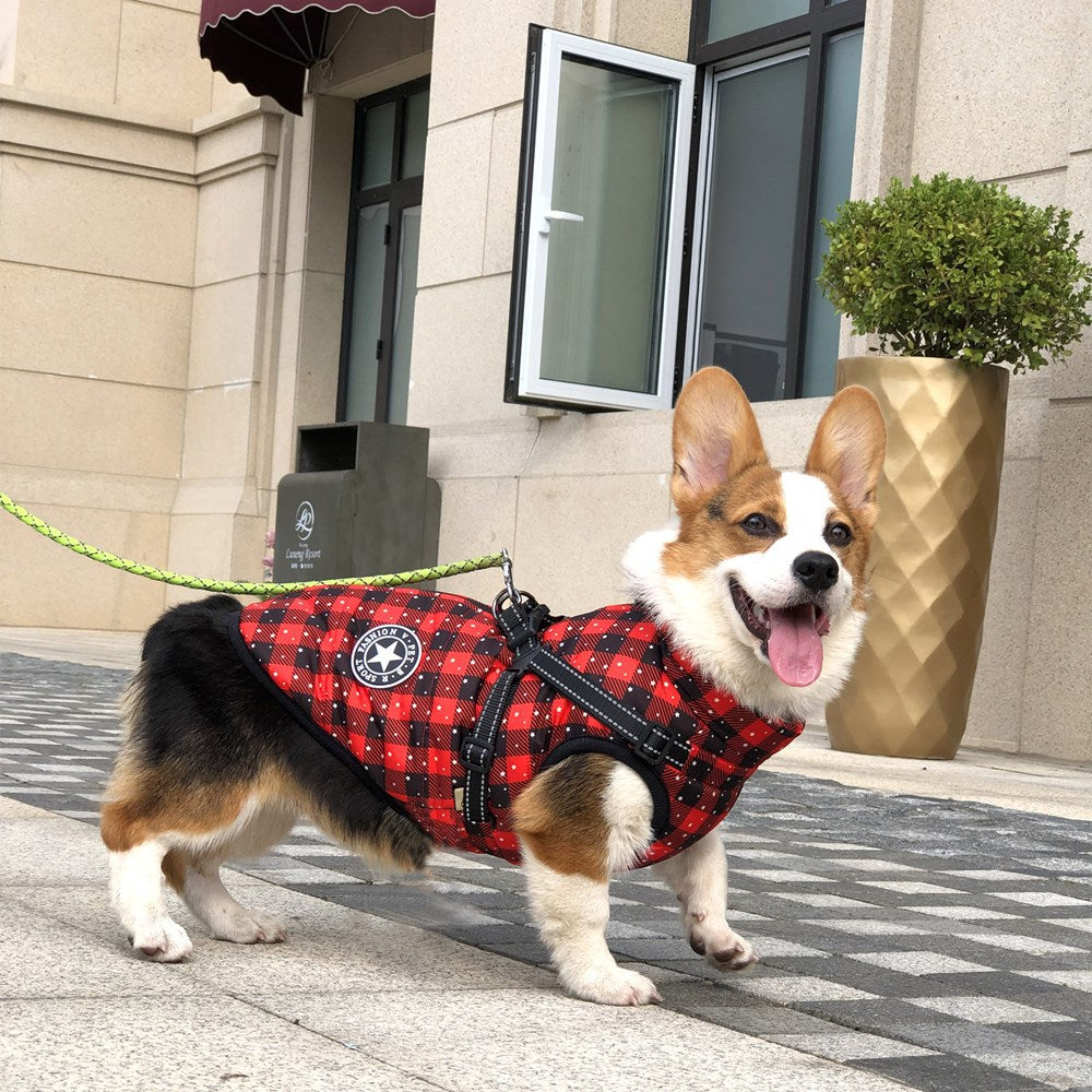 KFX-8978109 Warm Waterproof Reflective Pet Clothing for Autumn and Winter - Cotton Dog Vest in Snowflake and Plaid Patterns
