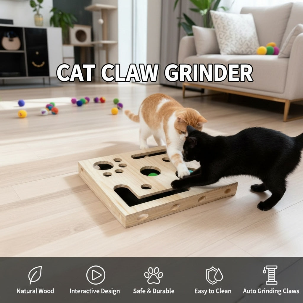 KFX-8981053 Solid Wood Maze Pet Toy with Three Bell Balls - Maze Peek-a-Boo Design for Entertaining and Claw Sharpening