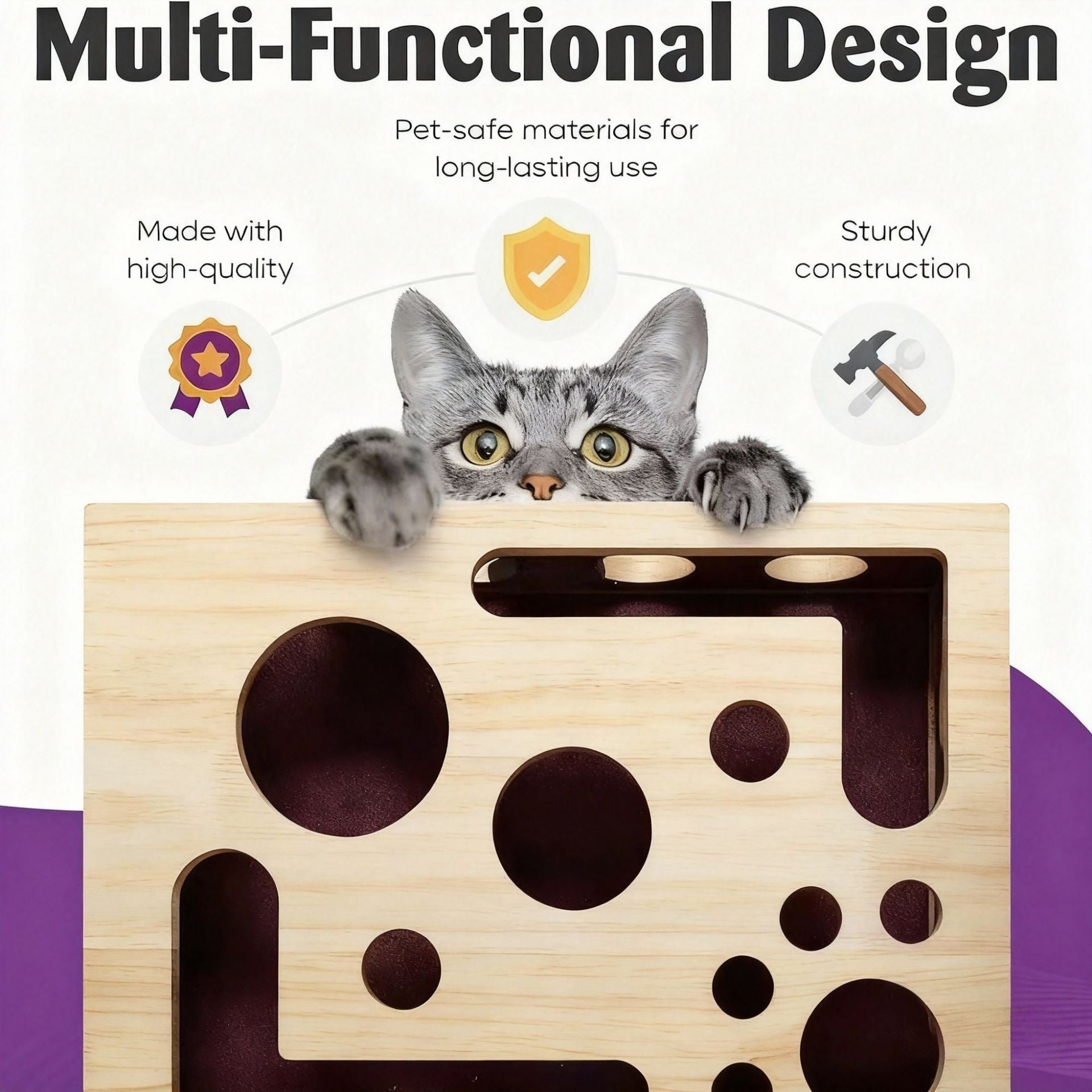 KFX-8981053 Solid Wood Maze Pet Toy with Three Bell Balls - Maze Peek-a-Boo Design for Entertaining and Claw Sharpening