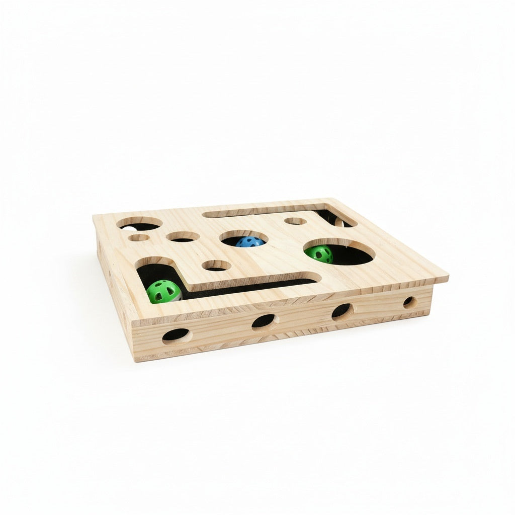 KFX-8981053 Solid Wood Maze Pet Toy with Three Bell Balls - Maze Peek-a-Boo Design for Entertaining and Claw Sharpening