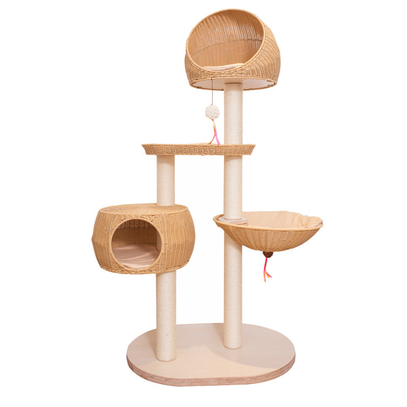 KFX-8982717 Integrated Multi-Layer Cat Climbing Frame in Imitation Rattan - Apricot, Off White, Blue, Pink, 78 x 58 x 160 cm