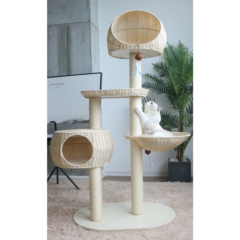 KFX-8982717 Integrated Multi-Layer Cat Climbing Frame in Imitation Rattan - Apricot, Off White, Blue, Pink, 78 x 58 x 160 cm