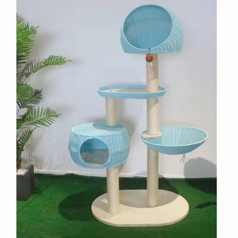 KFX-8982717 Integrated Multi-Layer Cat Climbing Frame in Imitation Rattan - Apricot, Off White, Blue, Pink, 78 x 58 x 160 cm