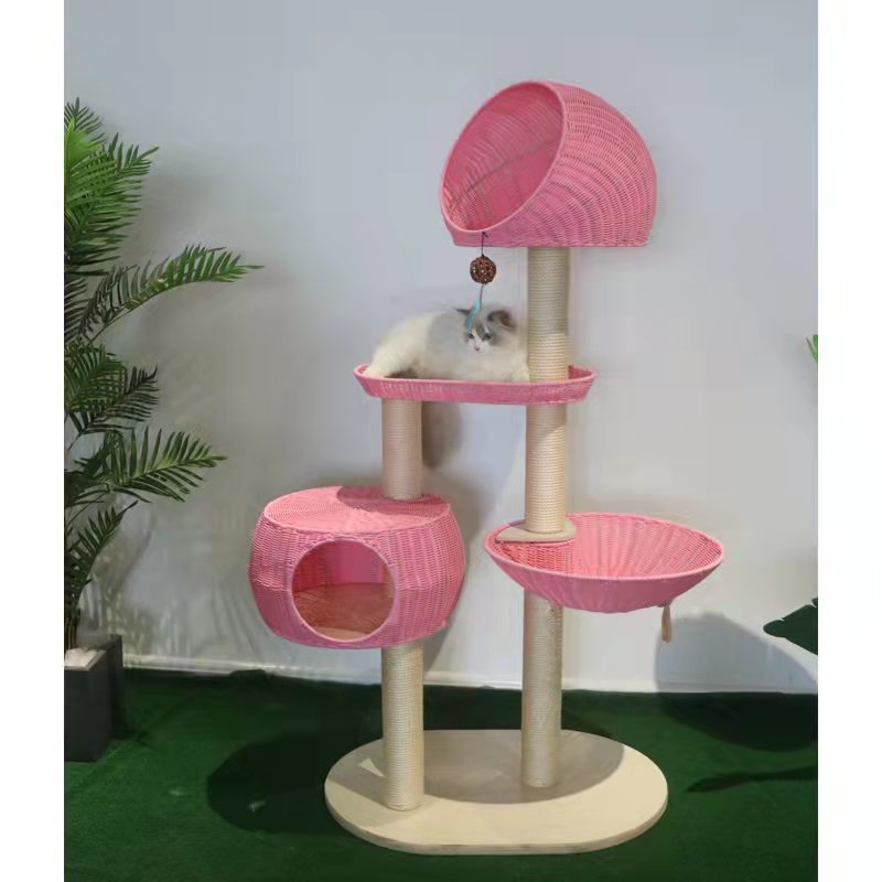 KFX-8982717 Integrated Multi-Layer Cat Climbing Frame in Imitation Rattan - Apricot, Off White, Blue, Pink, 78 x 58 x 160 cm