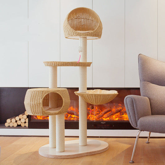 KFX-8982717 Integrated Multi-Layer Cat Climbing Frame in Imitation Rattan - Apricot, Off White, Blue, Pink, 78 x 58 x 160 cm