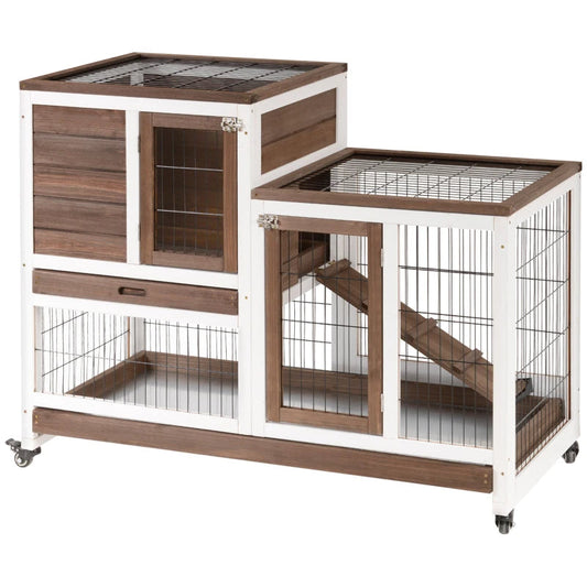 KFX-8983101 Elevated Wooden Rabbit Hutch with Enclosed Run, Wheels, Ramp, and Removable Tray for Small Animals