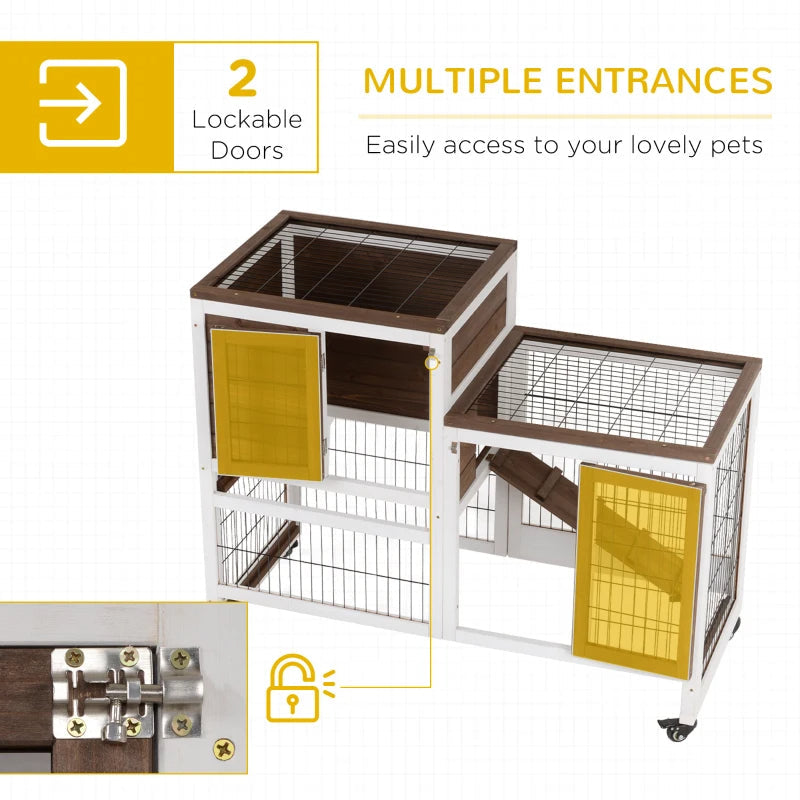 KFX-8983101 Elevated Wooden Rabbit Hutch with Enclosed Run, Wheels, Ramp, and Removable Tray for Small Animals