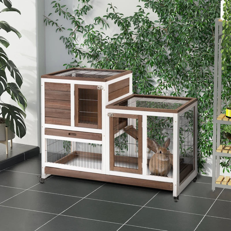 KFX-8983101 Elevated Wooden Rabbit Hutch with Enclosed Run, Wheels, Ramp, and Removable Tray for Small Animals