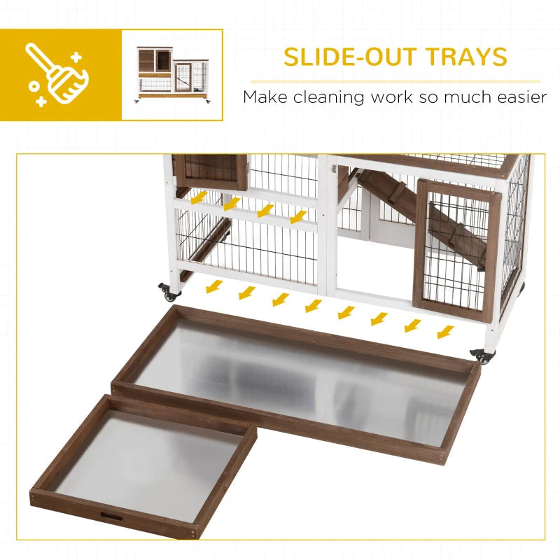 KFX-8983101 Elevated Wooden Rabbit Hutch with Enclosed Run, Wheels, Ramp, and Removable Tray for Small Animals