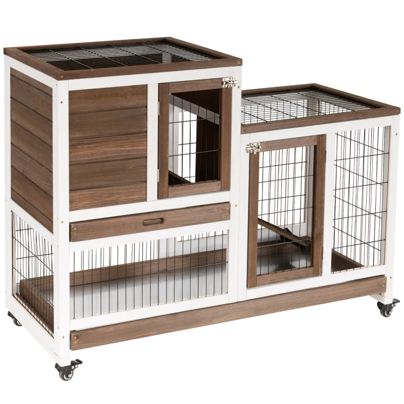 KFX-8983101 Elevated Wooden Rabbit Hutch with Enclosed Run, Wheels, Ramp, and Removable Tray for Small Animals