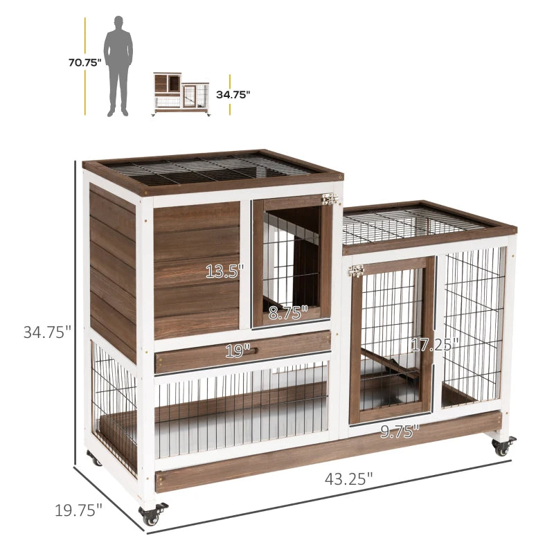KFX-8983101 Elevated Wooden Rabbit Hutch with Enclosed Run, Wheels, Ramp, and Removable Tray for Small Animals