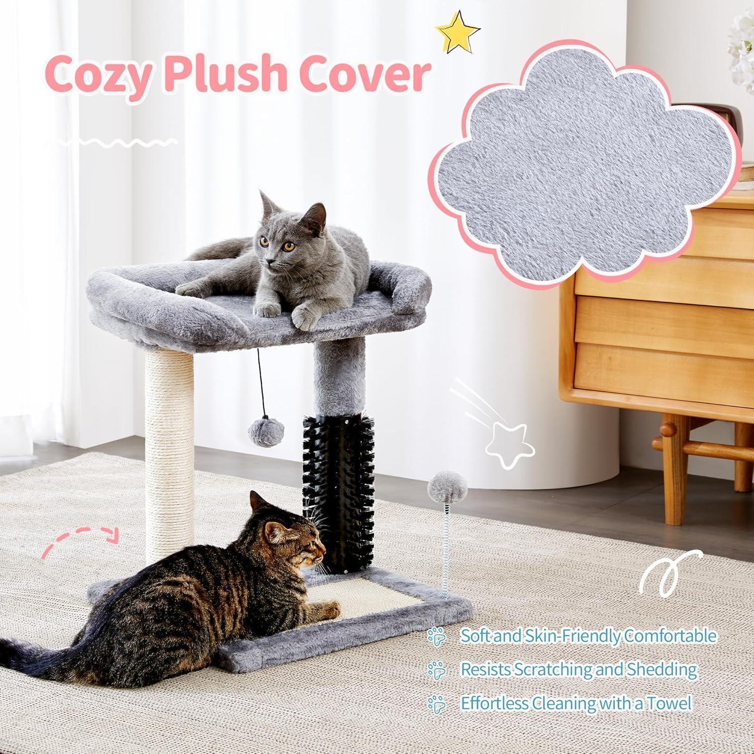 KFX-8984893 4-in-1 Cat Tree Tower with Self-Grooming Brush and Sisal Scratching Post, Plush Bed and Toy Balls for Indoor Kittens