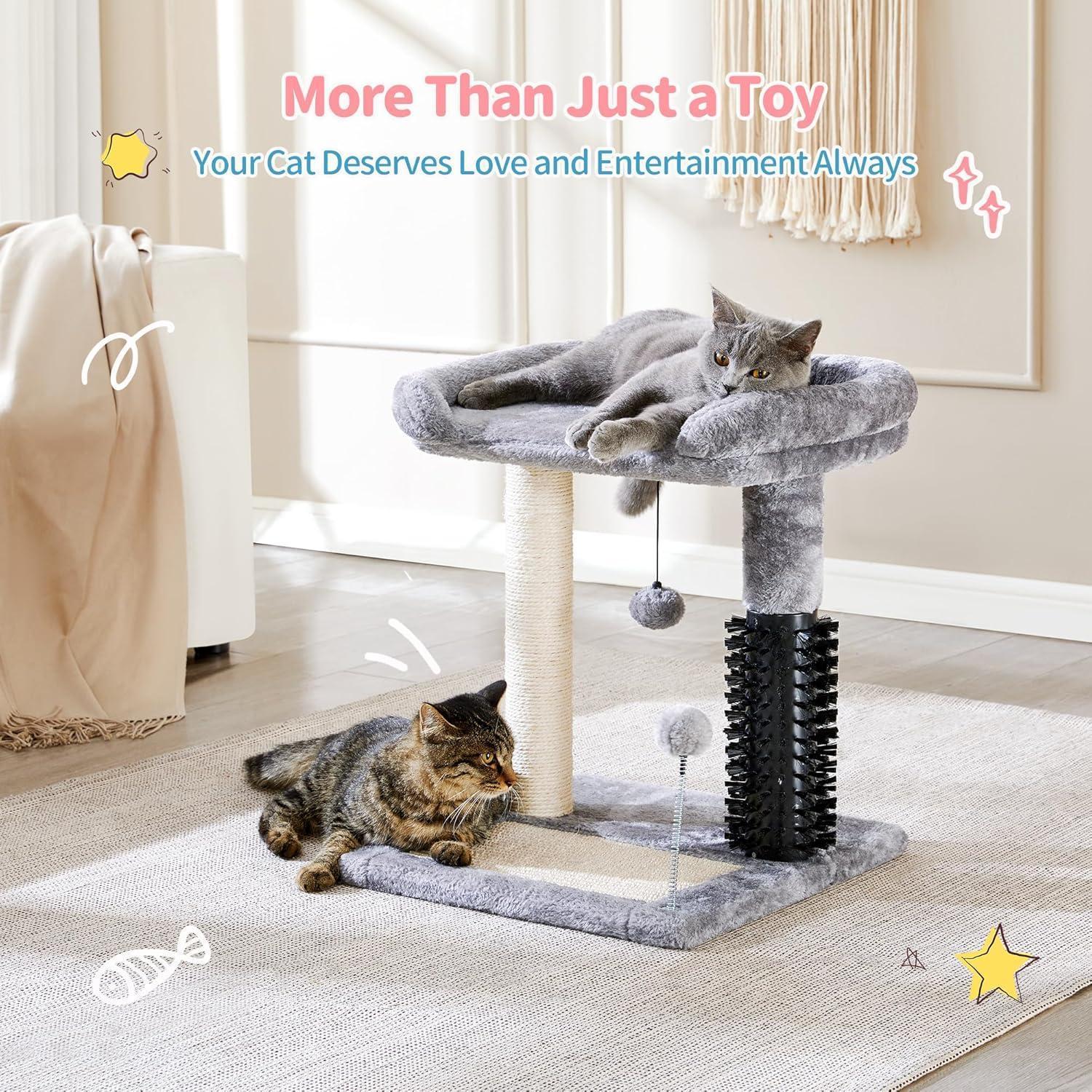 KFX-8984893 4-in-1 Cat Tree Tower with Self-Grooming Brush and Sisal Scratching Post, Plush Bed and Toy Balls for Indoor Kittens