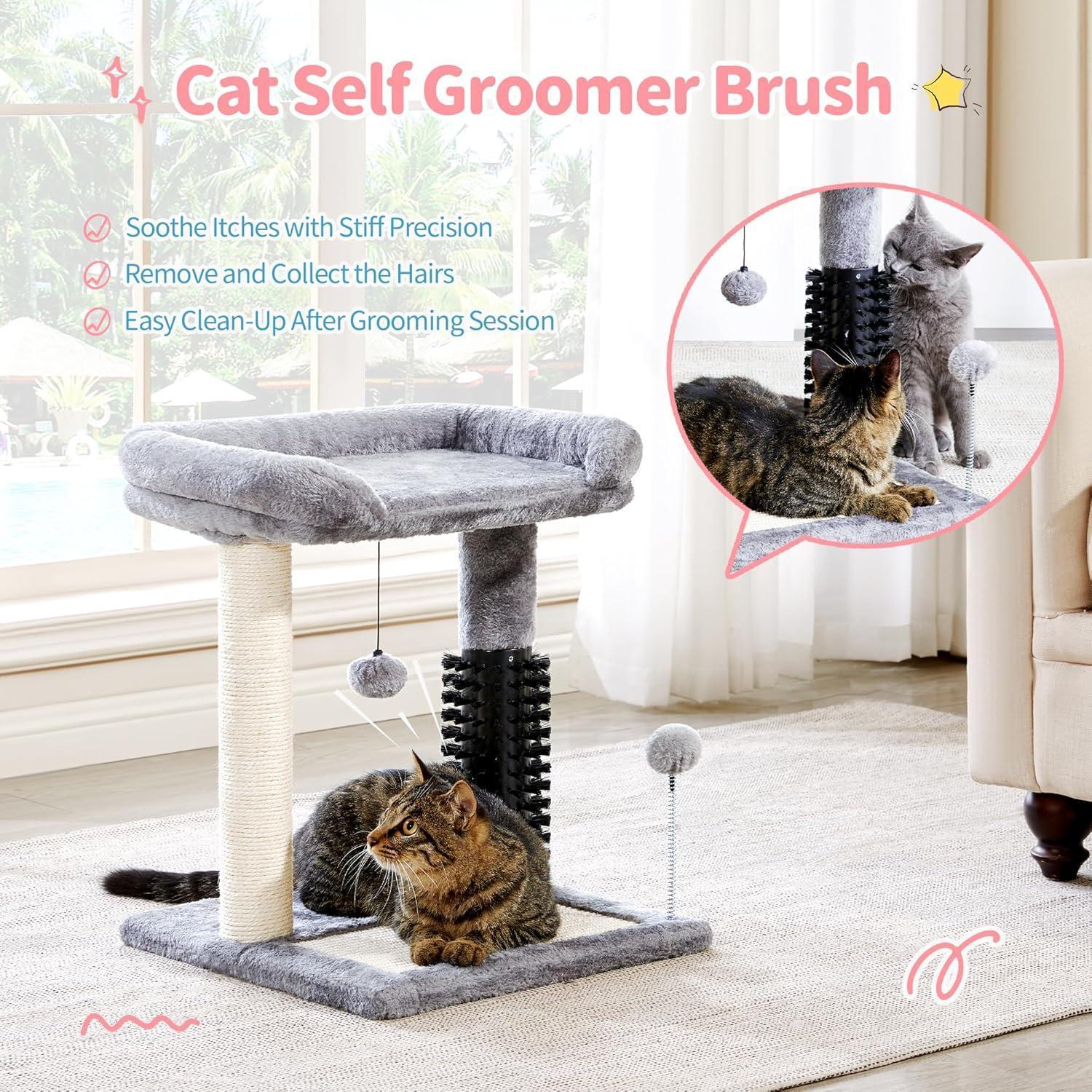 KFX-8984893 4-in-1 Cat Tree Tower with Self-Grooming Brush and Sisal Scratching Post, Plush Bed and Toy Balls for Indoor Kittens