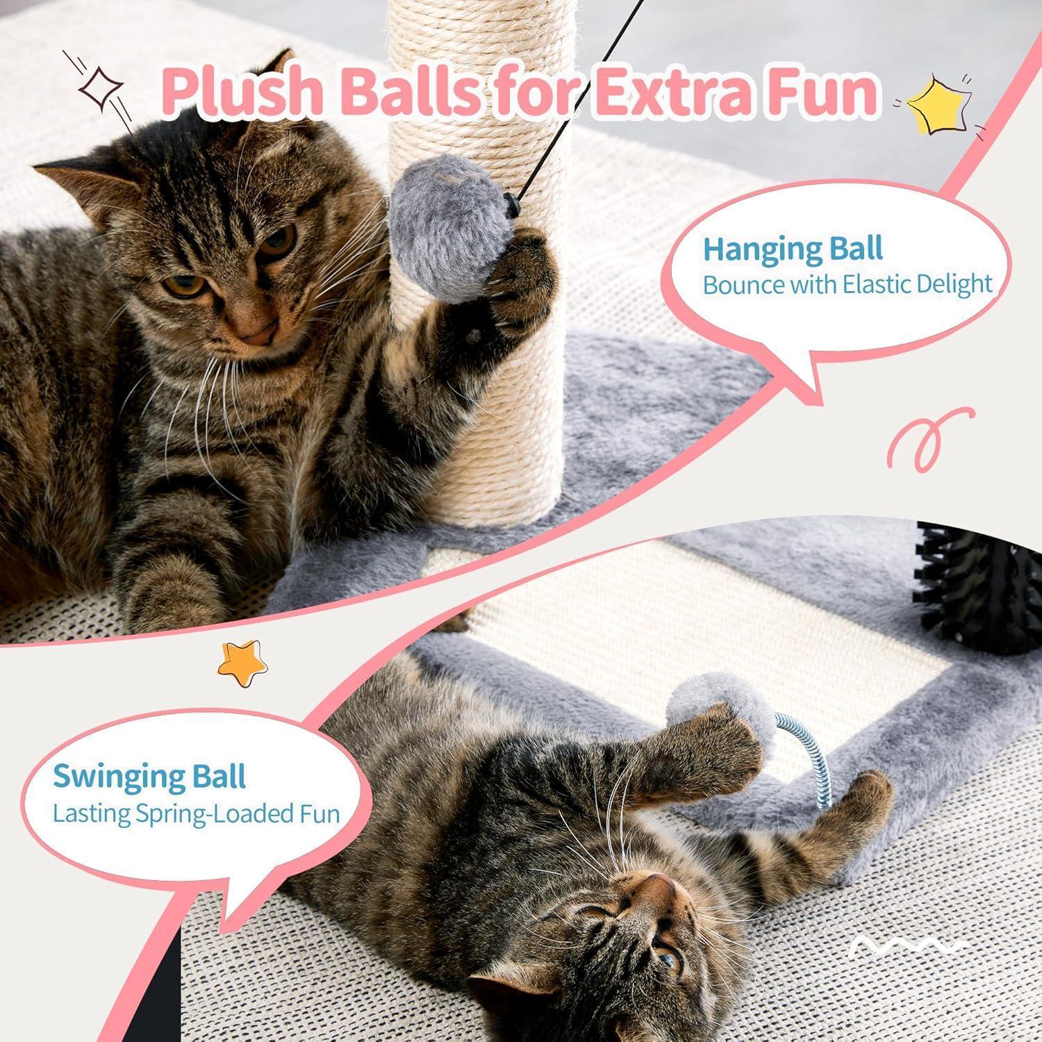 KFX-8984893 4-in-1 Cat Tree Tower with Self-Grooming Brush and Sisal Scratching Post, Plush Bed and Toy Balls for Indoor Kittens
